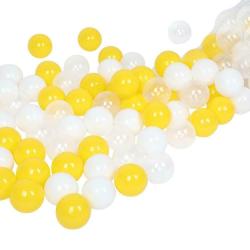 100 vnt. spalvotų plastikinių kamuoliukų 5.5 cm. balti - geltoni